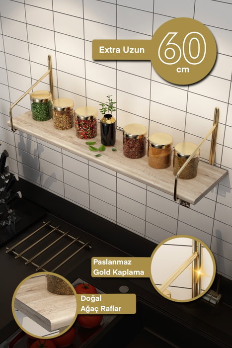 Hanah Home Estante de pared de madera maciza 60 cm Dorado y marrón Hanah Home Estante de pared de madera maciza 60 cm Dorado y marrón